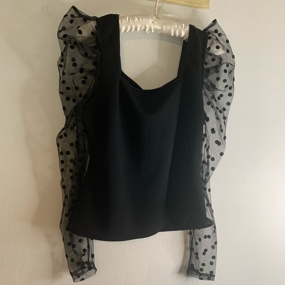 Shein Black Top Embellished Sweater Sheer Polka Dot Puff Long Sleeve Womens Sz L - Picture 8 of 16